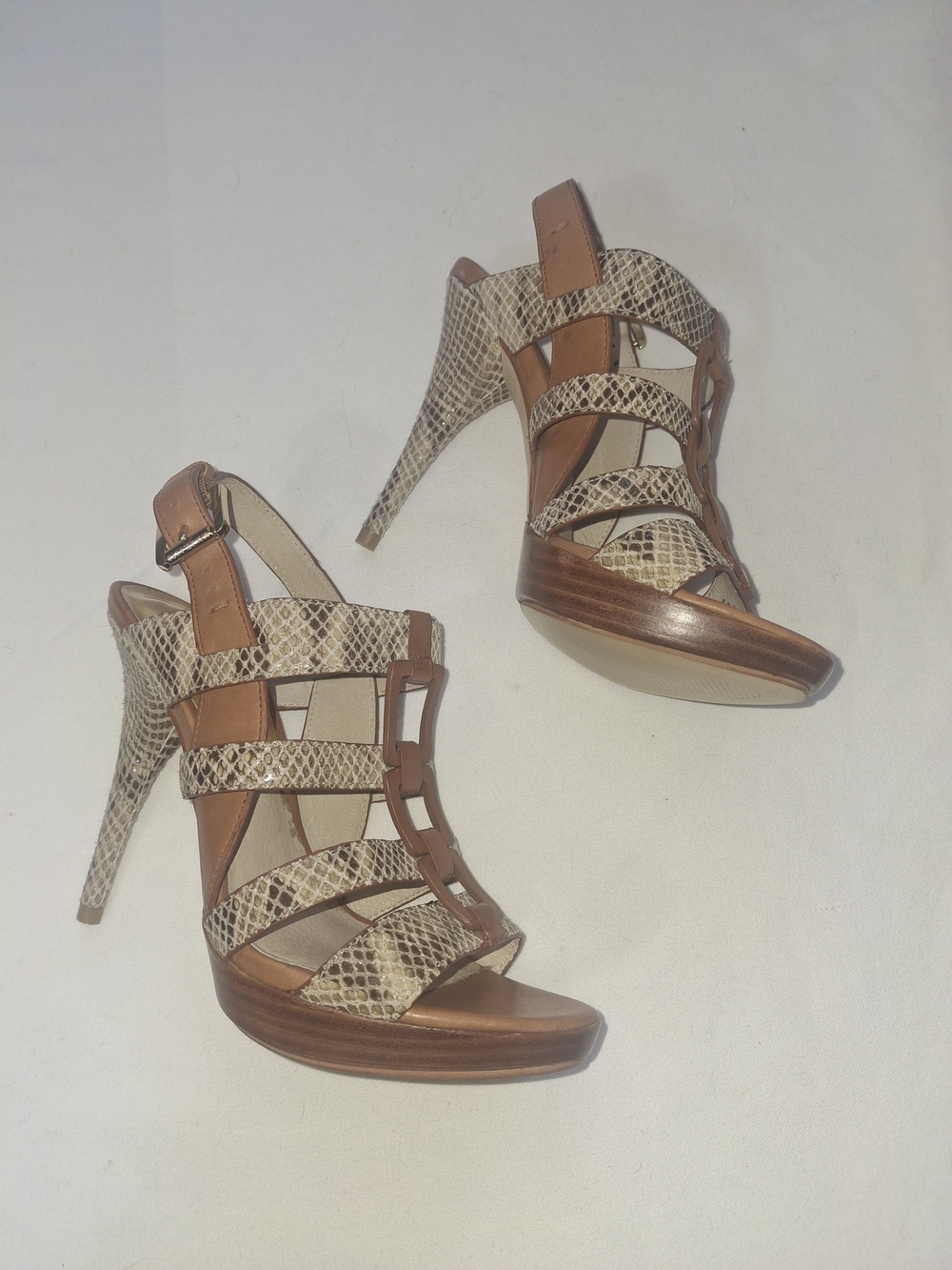 Michael Kors Tan Snake-Print Strappy High Heel Sandals